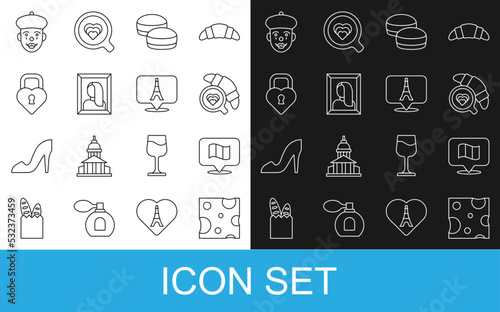 Set line Cheese, Flag France, Coffee cup with croissant, Macaron cookie, Portrait picture in museum, Castle the shape heart, French mime and Eiffel tower icon. Vector