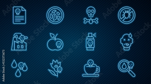 Set line Poison magnifying glass, Man poisoning, Bones and skull, apple, Smoke from factory, Radiation warning document, Spray against insects and Petri dish with bacteria icon. Vector photo