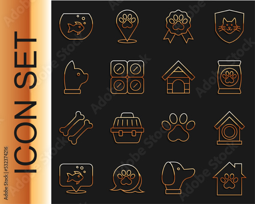 Set line Pet house, Dog, Bag of food for pet, award symbol, pill, Cat, Aquarium with fish and icon. Vector