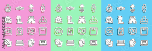Set line Boxing ring, Bathroom scales, Sport bag, Dumbbell, boxing shoes, helmet, Stopwatch and short icon. Vector