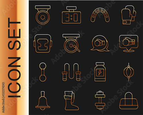 Set line Sport bag, Punching, Boxing glove, Mouth guard boxer, gong, helmet, and icon. Vector