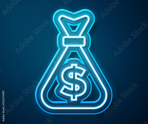 Glowing neon line Money bag icon isolated on blue background. Dollar or USD symbol. Cash Banking currency sign. Vector