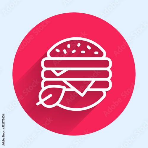 White line Vegan food diet icon isolated with long shadow background. Organic, bio, eco symbol. Vegan, no meat, lactose free, healthy, fresh and nonviolent food. Red circle button. Vector