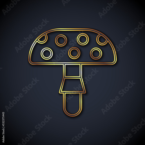 Gold line Amanita muscaria or fly agaric hallucinogenic toadstool mushroom icon isolated on black background. Spotted poisonous mushroom. Vector