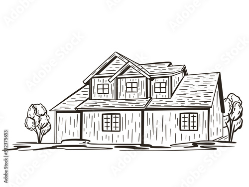Fototapeta Naklejka Na Ścianę i Meble -  Residential building hand engraving isolated object. Country cottage black sketch on white background. Home with trees exterior. Modern house