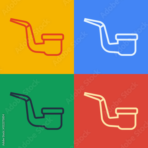Pop art line Smoking pipe with smoke icon isolated on color background. Tobacco pipe. Vector