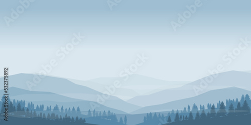blue mountain landscape vector with fog and tree background abstract. vector illustration. flat blue monochrome mountain hill panoramic vector
