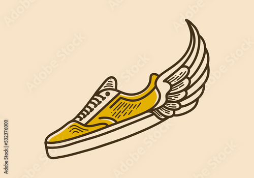 Flat shoes with wings retro vintage line art