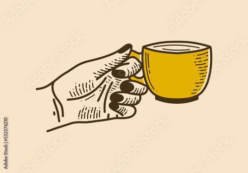 Hands holding coffee cup retro vintage line art