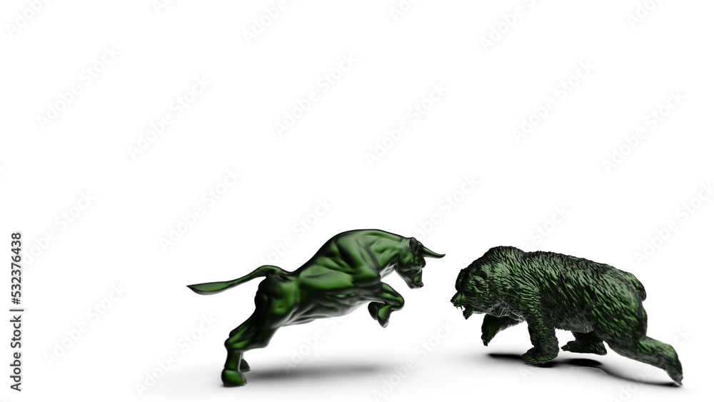 Fototapeta premium Gold bull and bear sculpture staring at each other in dramatic contrasting light representing financial market trends under white background. Concept images of stock market. 3D CG. PNG format.