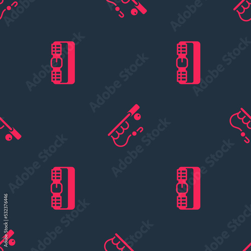 Set Hunting cartridge belt and Fishing rod on seamless pattern. Vector