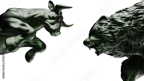 Gold bull and bear sculpture staring at each other in dramatic contrasting light representing financial market trends under white background. Concept images of stock market. 3D CG. PNG format.