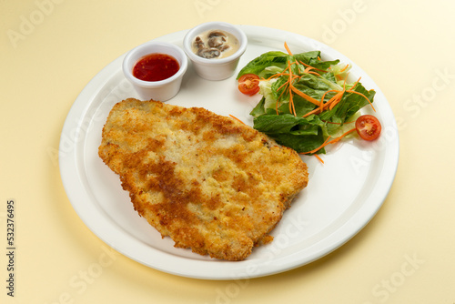 Turkey schnitzel and salad in a plate on a light background.