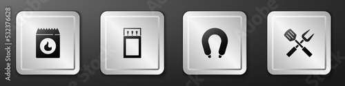 Set Barbecue coal bag, Matchbox and matches, Sausage and Crossed fork spatula icon. Silver square button. Vector