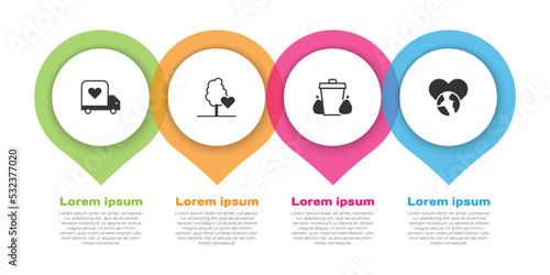 Set Delivery truck with heart, Volunteer team planting trees, Trash can and The world - love. Business infographic template. Vector