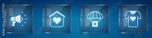 Set Megaphone, Shelter for homeless, Humanitarian aid and Clothes donation. Square glass panels. Vector