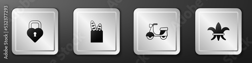 Set Castle in the shape of heart, French baguette bread, Scooter and Fleur De Lys icon. Silver square button. Vector