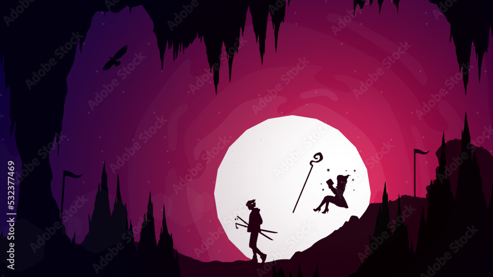 samurai boy anime wallpaper. samurai boy walking with two swords. samurai boy with oni mask on head. floating witch reading a book. witch with magic wand. cave walpaper.