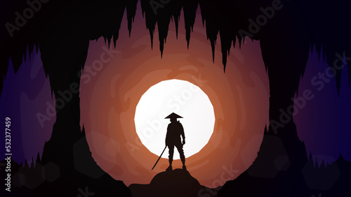 silhouette of a samurai in the night cave. Japanese samurai warrior with a sword. Samurai Background. japan theme background. Night cave walpaper for desktop.