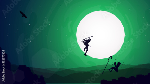 swordsman duel. witch versus samurai background. full moon illustration background. Witch Under Moon Night and Dark Day. witch with magic wand.	
