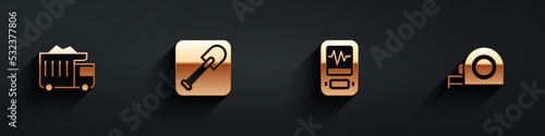 Set Mining dump truck, Shovel, Seismograph and Roulette construction icon with long shadow. Vector