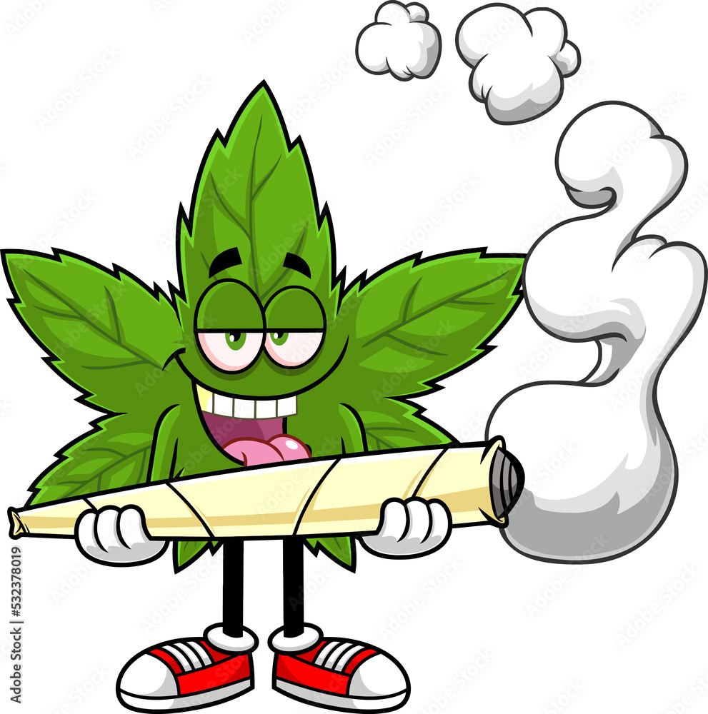 Crazy Marijuana Leaf Cartoon Character Holding A Big Joint. Hand Drawn ...