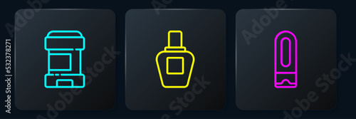 Set line Antiperspirant deodorant roll, Bottle of shampoo and Perfume. Black square button. Vector
