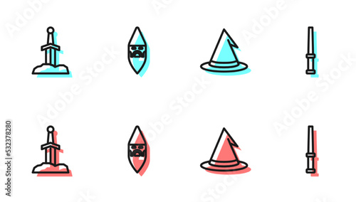 Set line Witch hat, Sword in the stone, Wizard warlock and Magic wand icon. Vector