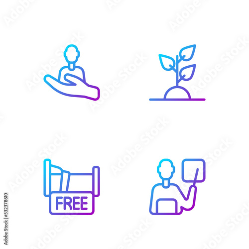 Set line Teacher, Free overnight stay house, Caring for people and Volunteer team planting trees. Gradient color icons. Vector