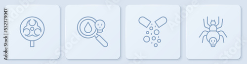 Set line Biohazard symbol, Poisoned pill, magnifying glass and Poisonous spider. White square button. Vector
