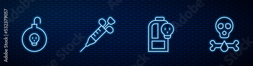 Set line Beaker with toxic liquid, Nuclear bomb, Syringe and Bones and skull. Glowing neon icon on brick wall. Vector