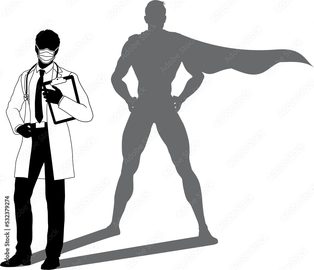 Superhero Doctor With Super Hero Shadow Silhouette Superhero Doctor With Super Hero Shadow Silhouette