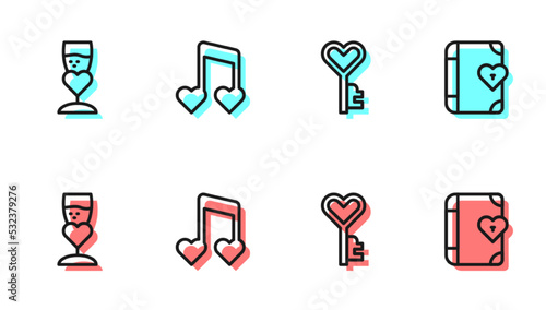 Set line Key in heart shape, Glass of champagne, Music note, tone with hearts and Love diary icon. Vector