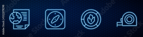 Set line Soil analysis, Earth globe with document, Compass and Roulette construction. Glowing neon icon on brick wall. Vector