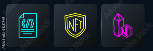 Set line Binary code, NFT Digital crypto art and shield. Black square button. Vector