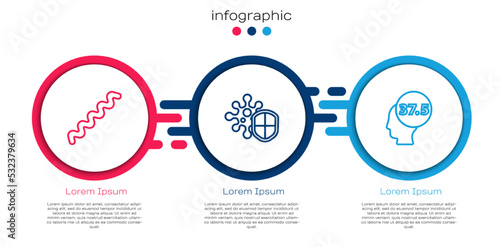 Set line Virus, Shield protecting from virus and High human body temperature. Business infographic template. Vector