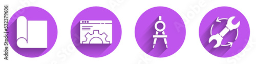 Set Graphing paper for engineering, Browser setting, Drawing compass and Wrench and arrows as workflow icon with long shadow. Vector