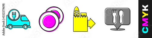 Set Fast delivery by car, Plate, Online ordering and delivery and Cafe and restaurant location icon. Vector