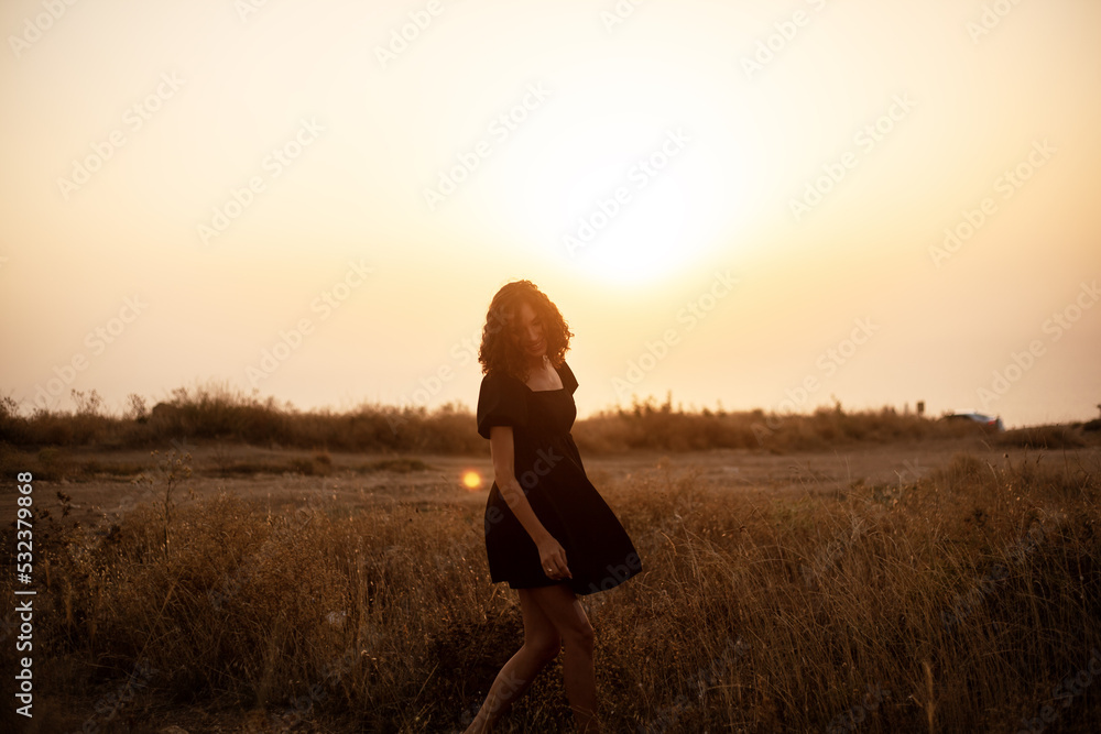 Beautiful sexy woman with natural curly hairs posing in the nature against  the field with dry grass and sky