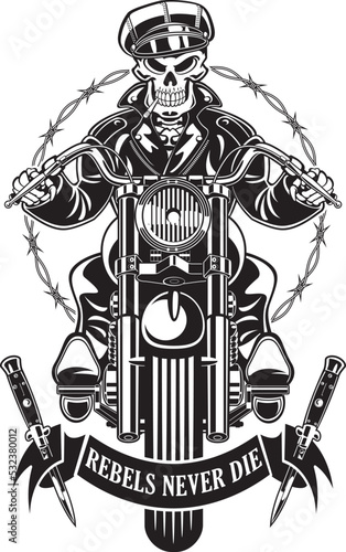 rockabilly biker skeleton riding on a motorcycle