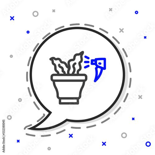 Line Spraying a house plant with a spray gun icon isolated on white background. Moistening of foliage. Care for home flowers. Colorful outline concept. Vector