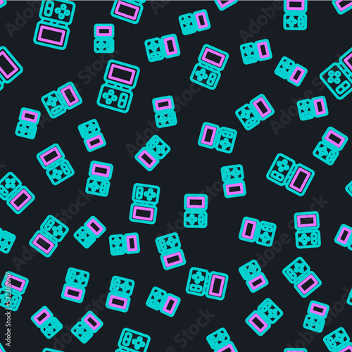 Line Portable tetris electronic game icon isolated seamless pattern on black background. Vintage style pocket brick game. Interactive playing device. Vector