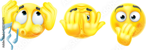 A set of hear, see, speak no evil emoticon emoji face cartoon icons photo