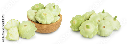 green pattypan squash in wooden bowl isolated on white background, with full depth of field