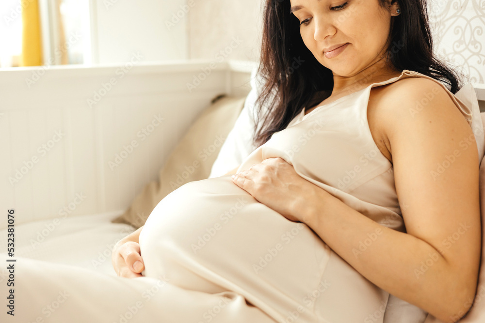 A beautiful pregnant girl strokes her stomach in a home interior. A beautiful pregnant girl strokes her stomach in a home interior.