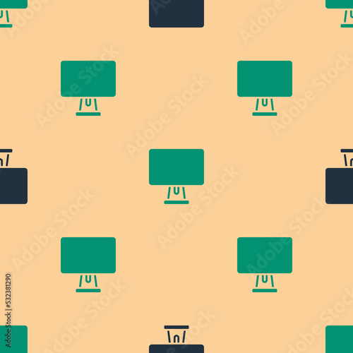 Green and black Computer monitor screen icon isolated seamless pattern on beige background. Electronic device. Front view. Vector
