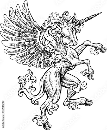 A Pegasus unicorn horse with wings and horn from mythology rearing rampant on its hind legs in a coat of arms crest woodcut style