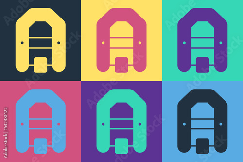 Pop art Rafting boat icon isolated on color background. Inflatable boat with paddles. Water sports, extreme sports, holiday, vacation. Vector