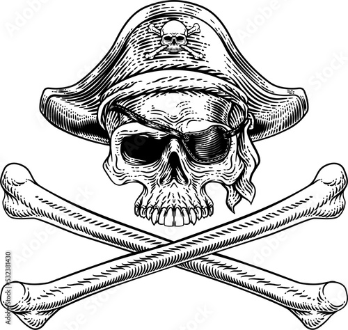Quadro su tela Pirate skull and crossbones skeleton grim reaper mascot in pirates captain hat and eyepatch