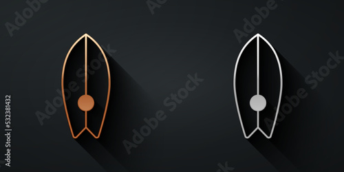 Gold and silver Surfboard icon isolated on black background. Surfing board. Extreme sport. Sport equipment. Long shadow style. Vector